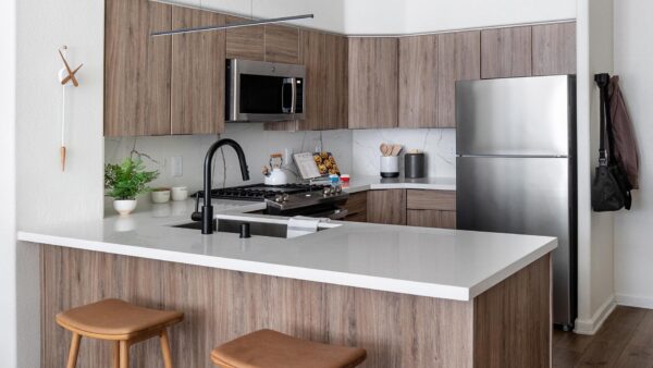 Apartment kitchen with stainless steel appliances, quartz countertops, and wood-style flooring.