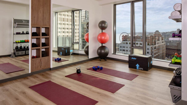 Apartment community Yoga Studio at Griffis Seattle Waterfront in Seattle, Washington.