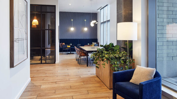 Apartment community co-working lounge at Griffis South Waterfront in Portland, Oregon.