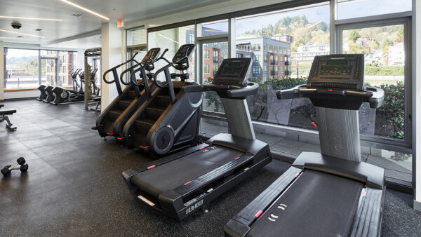 Apartment community 24-hour fitness center at Griffis South Waterfront in Portland, Oregon.