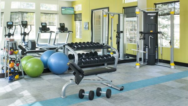 Apartment community 24-hour fitness center at Griffis Belleview Station in Denver, CO.