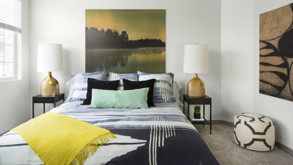 Spacious apartment bedroom with carpeted floors.