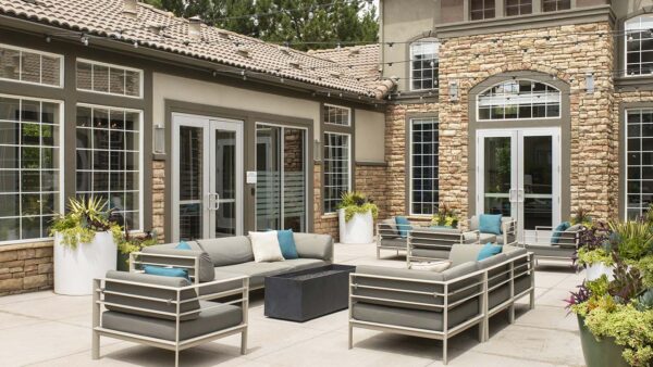 Apartment community Outdoor Lounge at Griffis Belleview Station in Denver, Colorado.