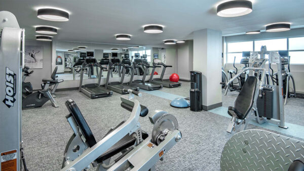 Apartment community 24-hour fitness center at Griffis Belltown in Seattle, Washington.