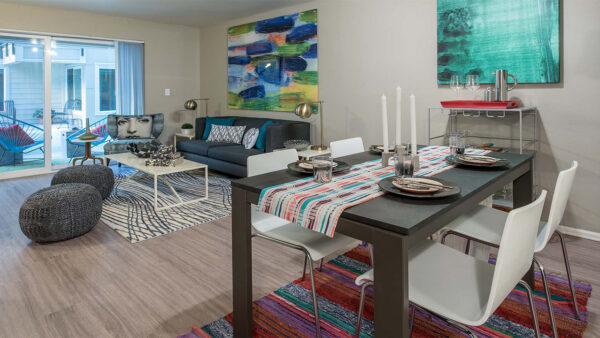 Apartment Dining and Living room with Wood Floor.