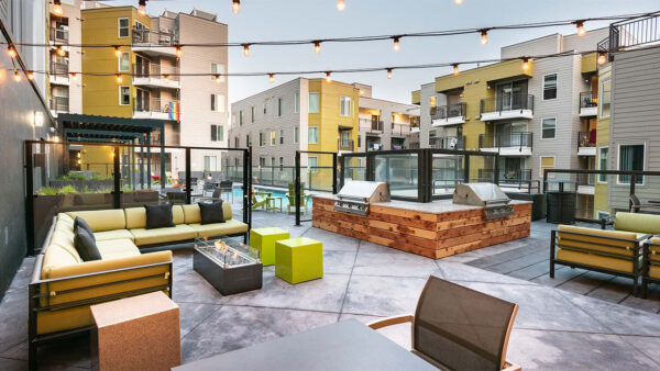 Apartment community outdoor fire pit at Griffis Belltown in Seattle, Washington.