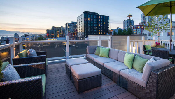 Apartment community rooftop deck at Griffis Belltown in Seattle, Washington.