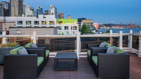 Apartment community rooftop deck at Griffis Belltown in Seattle, Washington.