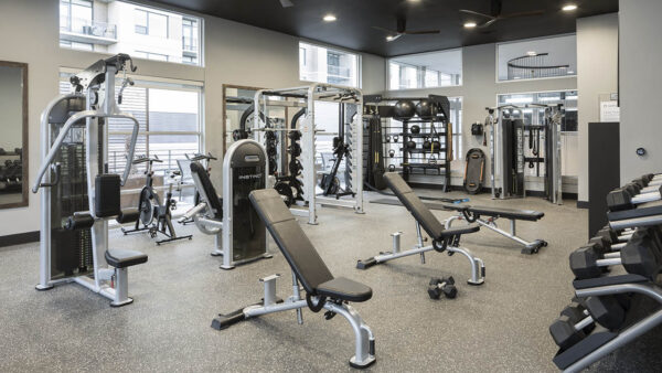 Apartment community 24-hour fitness center at Griffis Cherry Creek in Denver, CO.