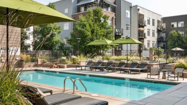 Apartment community resort style pool at Griffis Cherry Creek in Denver, Colorado.