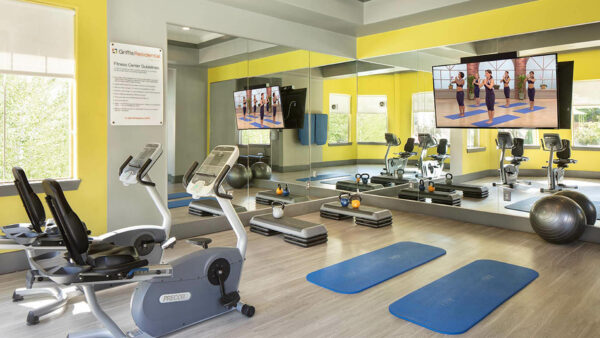 Apartment community 24-hour fitness center at Griffis Fitzsimons South in Aurora, Colorado.