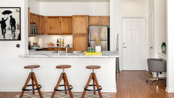 Apartment Kitchen with Stainless Steel Appliances, quartz counters and wood floors.