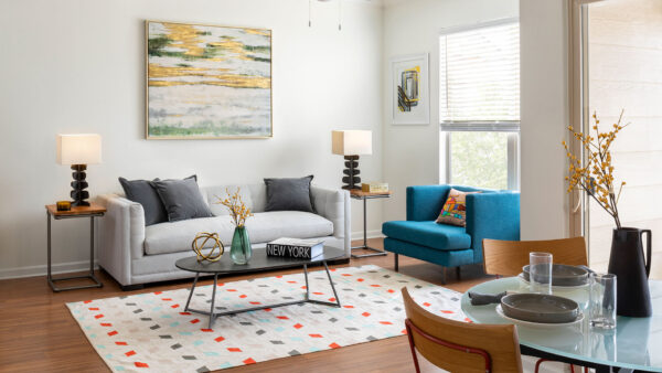 Apartment Living Room and Dining area with wood floors.