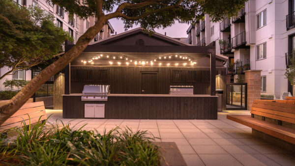 Apartment community outdoor grilling station at Griffis Lake Washington in Renton, Washington.