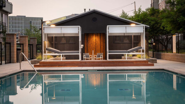 Apartment community resort style pool + cabanas at Griffis Lake Washington in Renton, Washington.