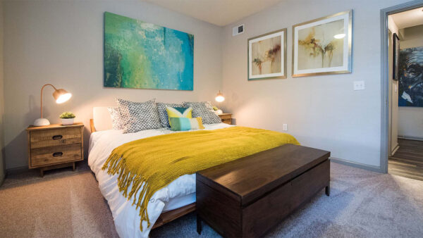 Spacious apartment bedroom with carpeted floors.