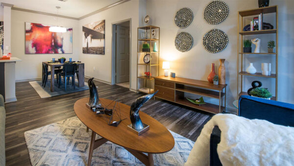 Apartment Dining and Living Room with wood floors.