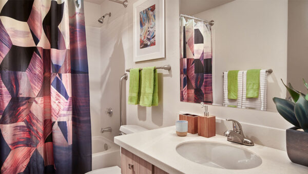 Apartment bathroom with wood-style flooring.