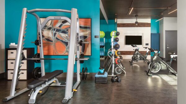 Apartment community 24-hour fitness center at Griffis Union Station in Denver, Colorado.