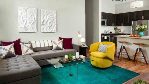 Apartment Living Room with wood Flooring.