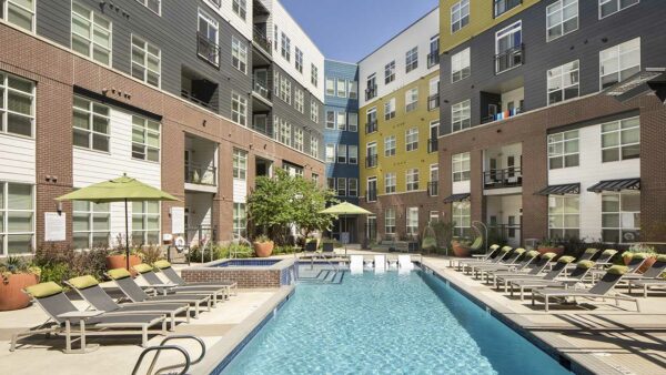 Apartment community resort style pool and all-season spa at Griffis Union Station in Denver, Colorado.