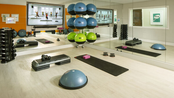 Apartment community yoga studio at Griffis Union Station in Denver, Colorado.