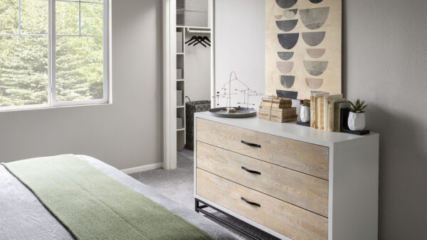 Spacious apartment Bedroom with Large Closet and Carpeted Floor.