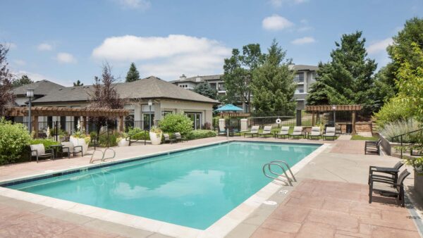 Apartment community resort style pool at Sagebrook in Colorado Springs, Colorado. .