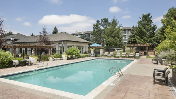 Apartment community resort style pool at Sagebrook in Colorado Springs, Colorado. .