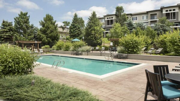 Apartment community resort style pool at Sagebrook in Colorado Springs, Colorado. .
