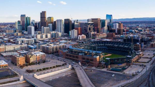 Aerial view of Denver with Coors Field and Denver skyline.