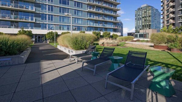 Apartment community eco terrace at Griffis South Waterfront in Portland, Oregon.