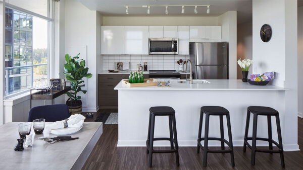 Apartment Kitchen with Stainless Steel Appliances, quartz counters and wood floors.