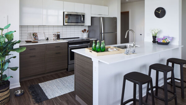 Apartment Kitchen with Stainless Steel Appliances, quartz counters and wood floors.