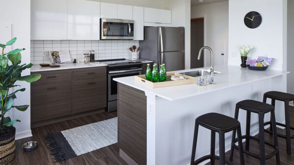 Apartment Kitchen with Stainless Steel Appliances, quartz counters and wood floors.
