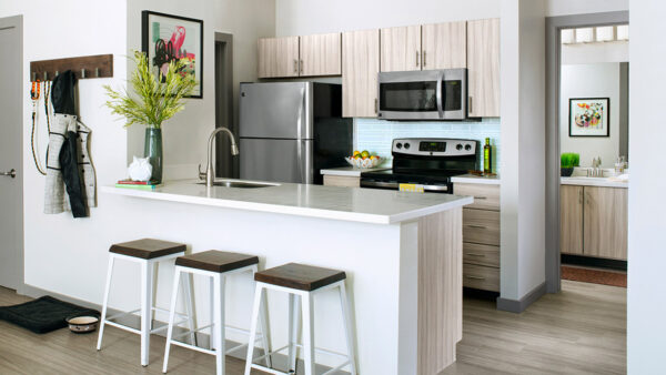 Apartment kitchen with wood style flooring, light counters, and stainless steel appliances.