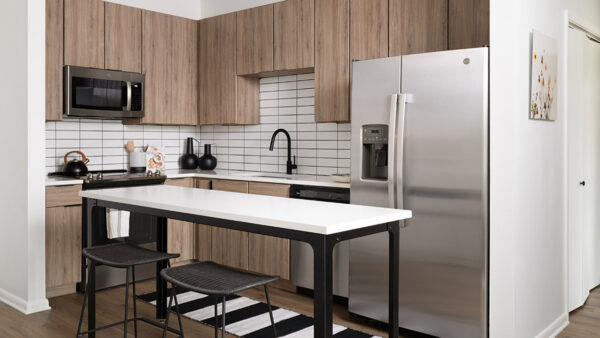 Apartment kitchen with stainless steel appliances, quartz countertops and wood-style flooring.
