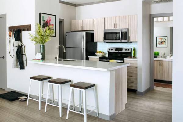 Apartment kitchen with stainless steel appliances, quartz countertops and wood-style flooring.
