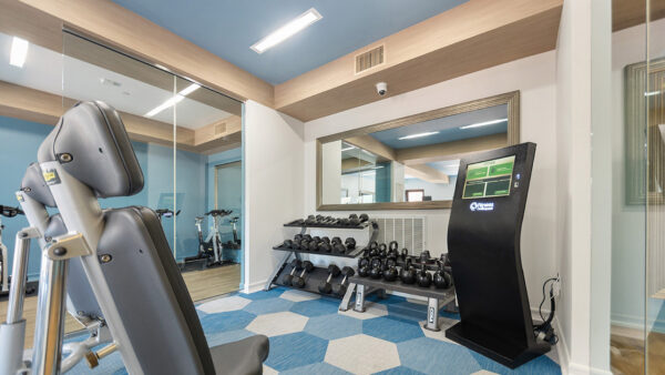 Apartment community 24-hour fitness center at Griffis South Bay in Milpitas, California.