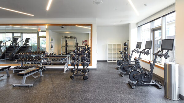Apartment community fitness center at Griffis South Waterfront in Portland, Oregon.