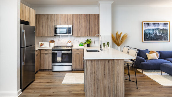 Apartment kitchen with stainless steel appliances, quartz countertops and wood-style flooring.