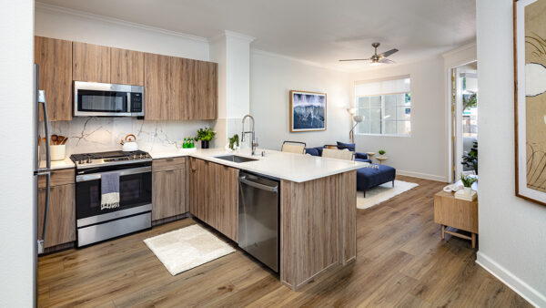 Apartment kitchen with stainless steel appliances, dining and living room with wood-style flooring.