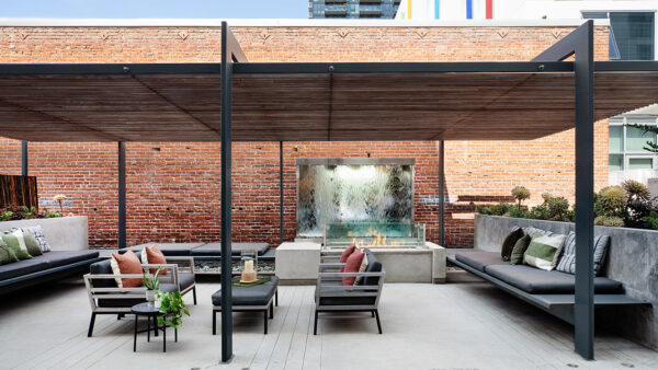 Apartment community outdoor lounge at Griffis East Village in San Diego, California.
