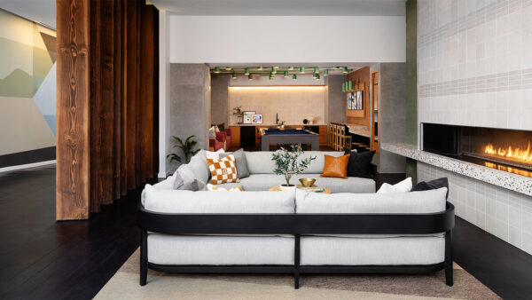 Apartment community resident lounge at Griffis East Village in San Diego, California.