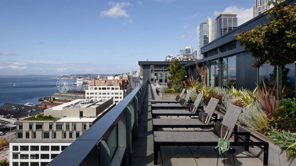 Apartment community rooftop deck at Griffis Seattle Waterfront in Seattle, Washington.