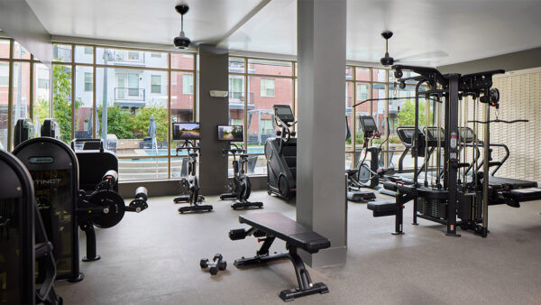 Apartment community fitness center at Griffis at Fiddler's Green in Centennial, Colorado.