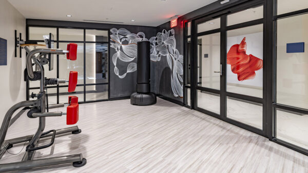 Apartment community 24-hour fitness center at Griffis Edgemoor in Bethesda, Maryland.