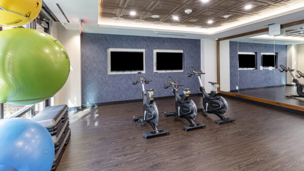 Apartment community 24-hour fitness center at Griffis Edgemoor in Bethesda, Maryland.