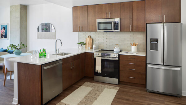Apartment kitchen with stainless steel appliances, quartz countertops, and wood-style flooring.