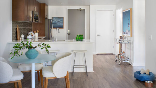 Apartment kitchen and dining room with wood-style flooring.